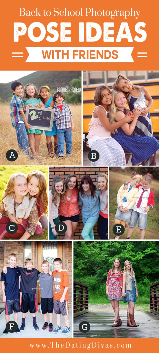 A list of photography ideas posing with friends for the first day of school - dateyourspouse.com A variety of posing with friends photography ideas | The Dating Divas