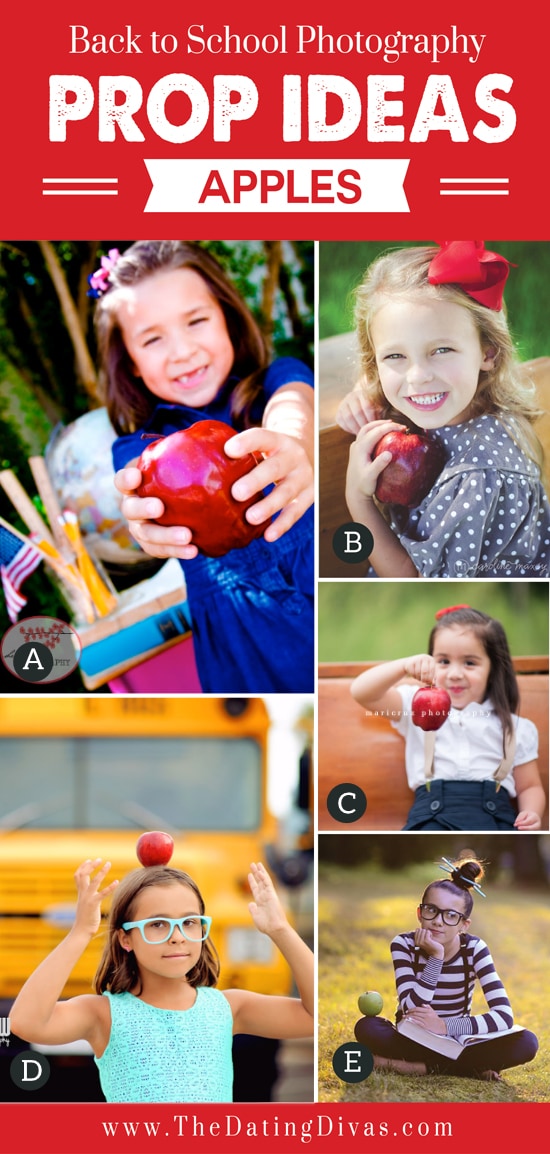 A variety of ways to use an apple as a prop for a school photoshoot - dateyourspouse.com Back-to-school photo ideas and tips using an apple as a prop | The Dating Divas