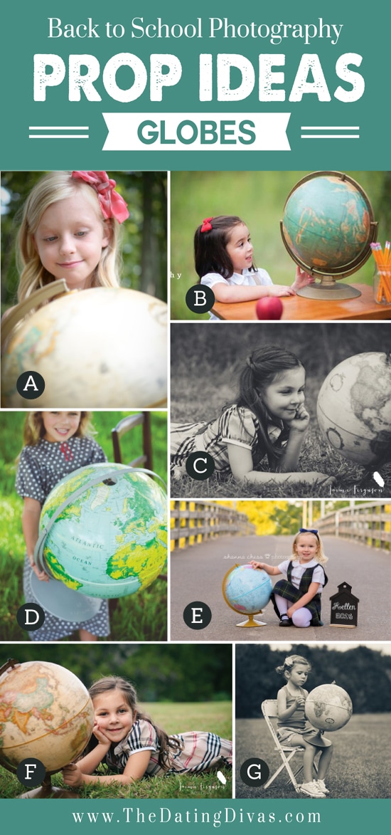 Fun prop ideas for first day of school photoshoot - dateyourspouse.com Children using a globe as a prop for back-to-school photoshoot | The Dating Divas