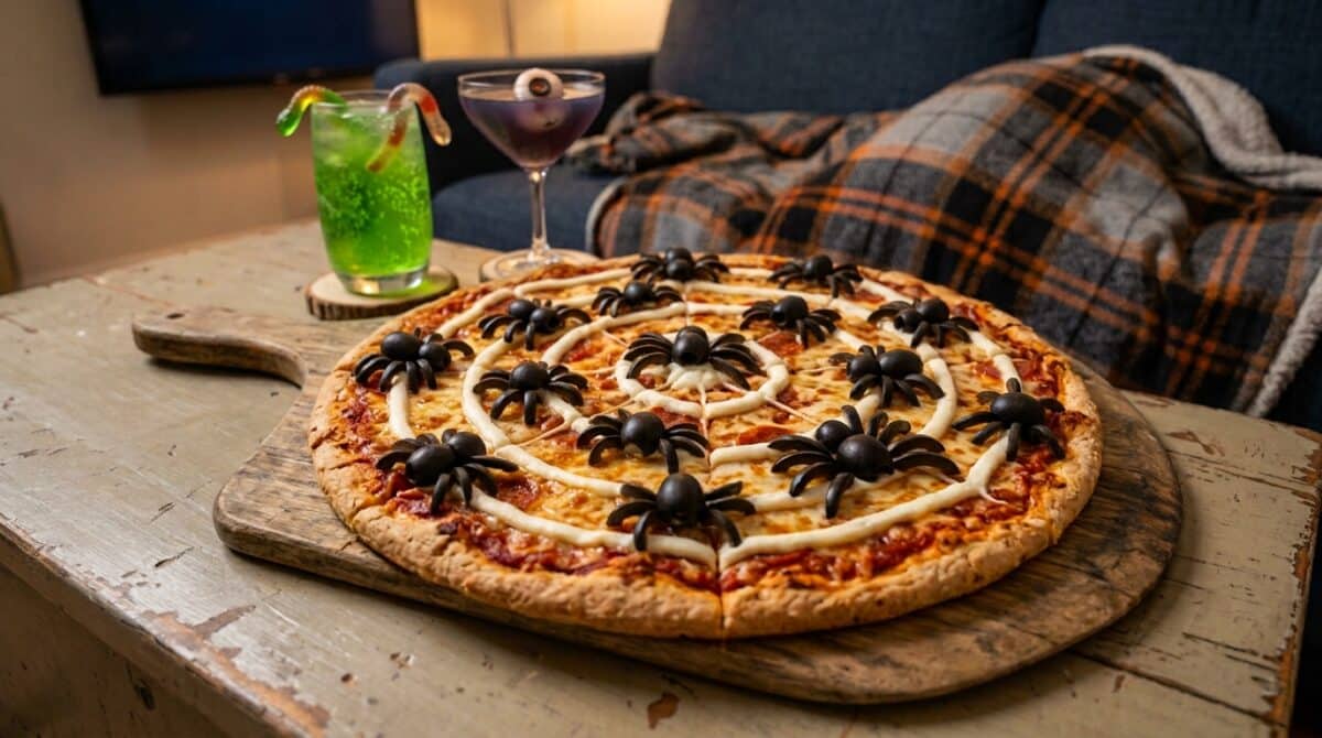 Spiders on pizza for Halloween using olives