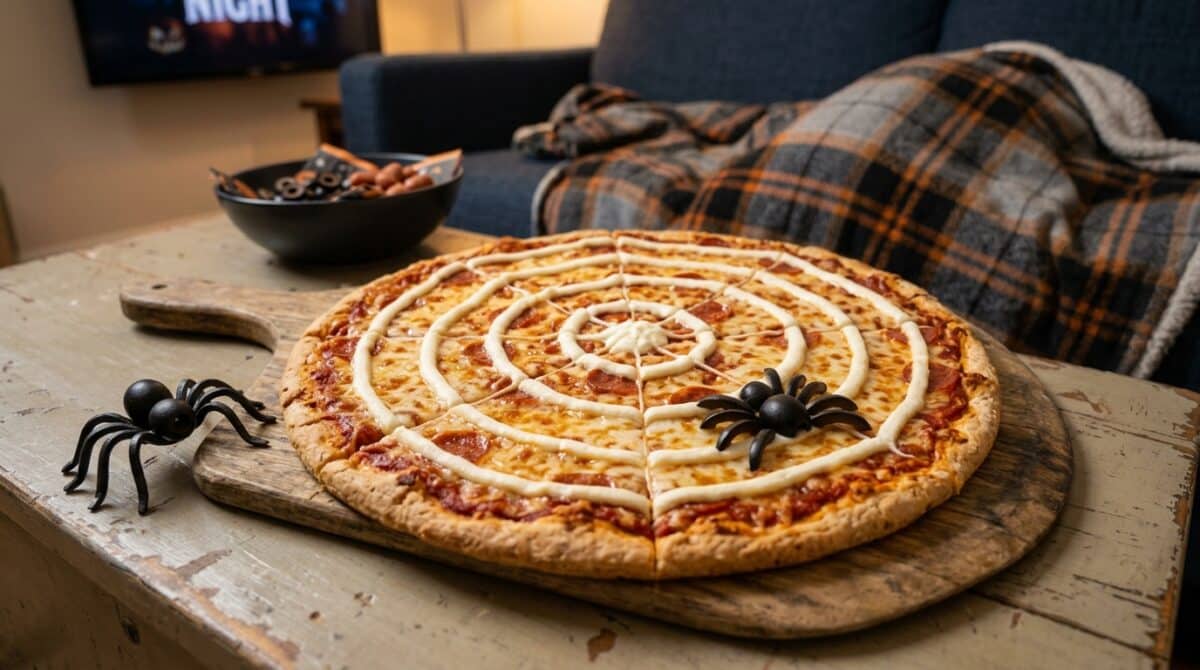 Spiderweb Pizza for Halloween with an olive spider