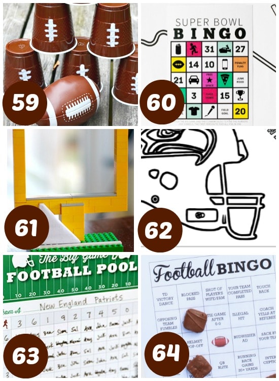 Super Bowl bingos, coloring sheets, and other fun games and activities.