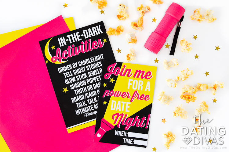 An invitation and a list of romantic ideas of things to do when the power is out - dateyourspouse.com List of free romantic ideas that are perfect to play in-the-dark. | The Dating Divas