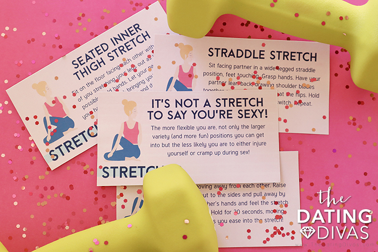 Sexercise stretching ideas for date night at home with your spouse - dateyourspouse.com Free printables for Sexercise stretches with your sweetheart | The Dating Divas