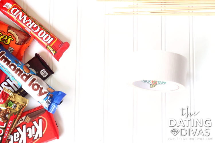 Supplies for Your Candy Bouquet - dateyourspouse.com Tons of different candy bars and duck tape to build a special candy bouquet. | The Dating Divas
