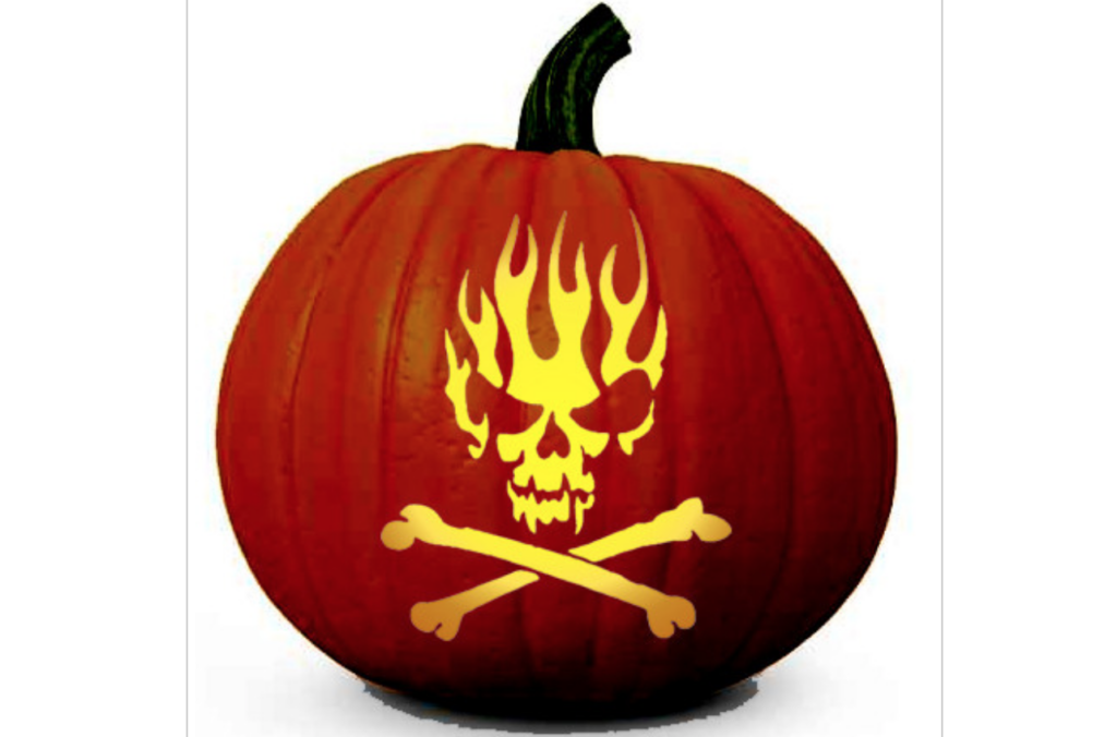Skull and Cross Bone Pumpkin - dateyourspouse.com Skull, cross bones, flames ideas for carving pumpkins. | The Dating Divas