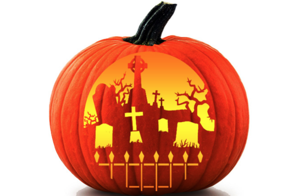 Graveyard Pumpkin - dateyourspouse.com Graveyard pumpkin pattern for Halloween carving ideas. | The Dating Divas