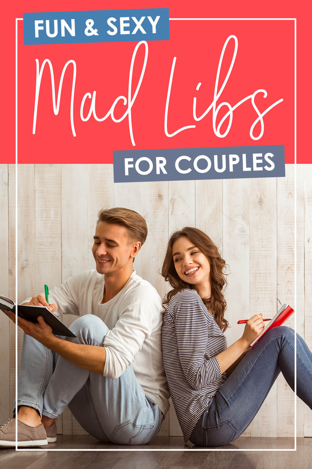 A couple playing a fun, sexy game of mad libs together - dateyourspouse.com Turn up the heat in your marriage--while laughing like crazy together with sexy mad libs for adults! #madlibs #madlibsforadults #printablemadlibs