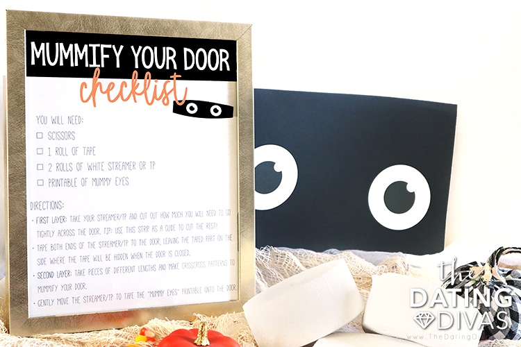 Mummy Door Decorating Checklist for Halloween - dateyourspouse.com Mummy door Halloween decorations | The Dating Divas