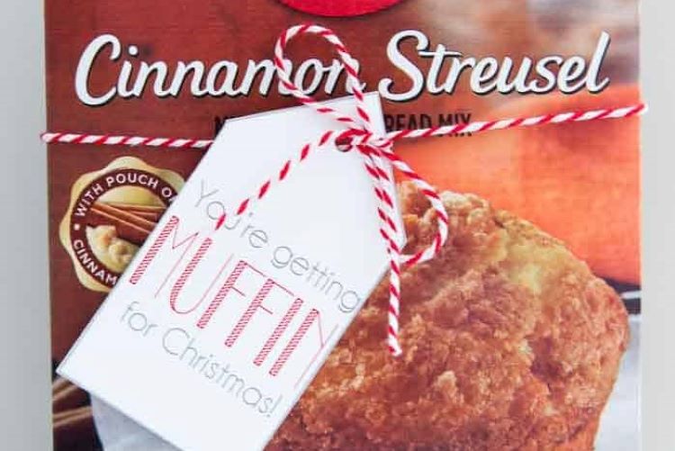 A gift tag tied to a box of cinnamon muffin mix - dateyourspouse.com A box of muffin mix with a funny Christmas tag tied to the front | The Dating Divas