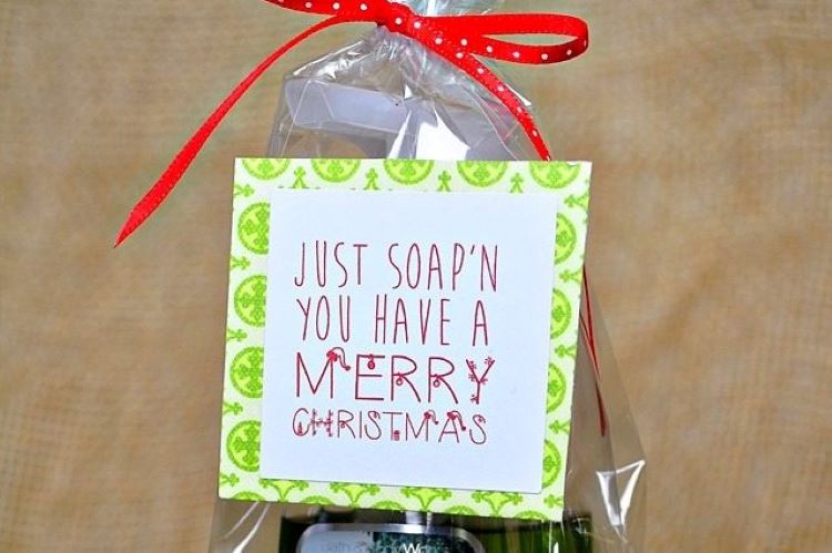 Funny soap label attached to a bottle of Christmas scented soap - dateyourspouse.com A bottle of soap wrapped in cellophane with a punny Christmas tag on the front | The Dating Divas