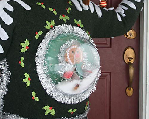 Snow-globe ugly Christmas sweater - www.TheDatingDivas.com A Clear Bowl as a Snow-globe on an Ugly Christmas Sweater | The Dating Divas