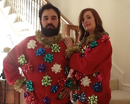 Bows on a sweater for an ugly Christmas sweater idea - www.TheDatingDivas.com Repurpose Gift Bows for an Ugly Christmas Sweater | The Dating Divas