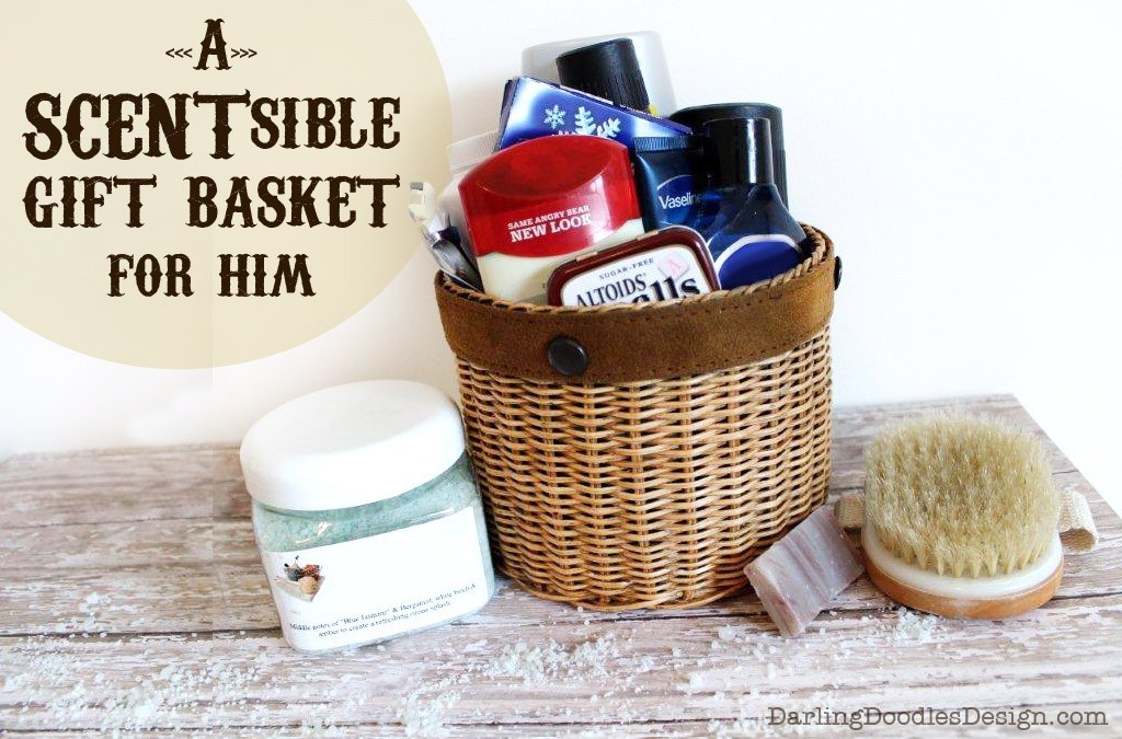 : A couple enjoying yummy smells in a gift basket for him - dateyourspouse.com A man and woman smelling Christmas items for a gift basket | The Dating Divas