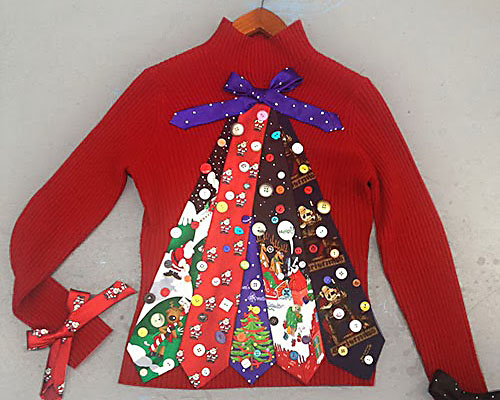 DIY Christmas tree ugly sweater using Christmas ties - www.TheDatingDivas.com An Ugly Christmas Sweater With Christmas Ties Making a Tree | The Dating Divas