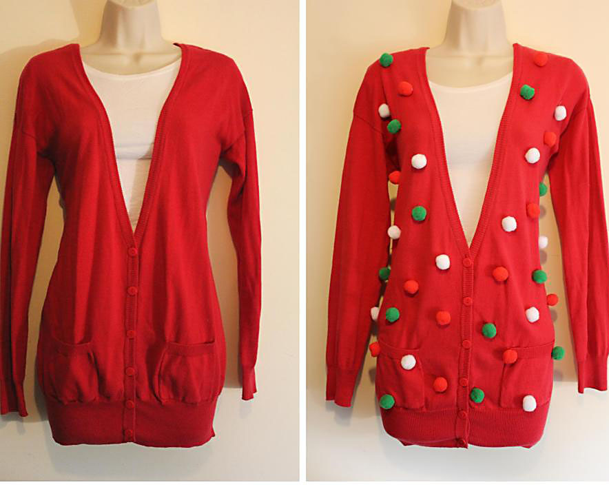 Cardigan with pom poms at an ugly Christmas sweater party - www. TheDatingDivas.com Ugly Christmas Sweater Idea Using Pom Poms on a Cardigan | The Dating Divas