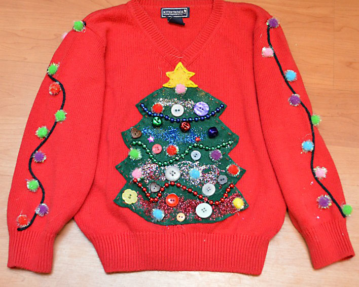 Glittered Christmas tree ugly sweater idea - www.TheDatingDivas.com Decorate a Sweater with a Tree, Pom Poms, and Glitter | The Dating Divas