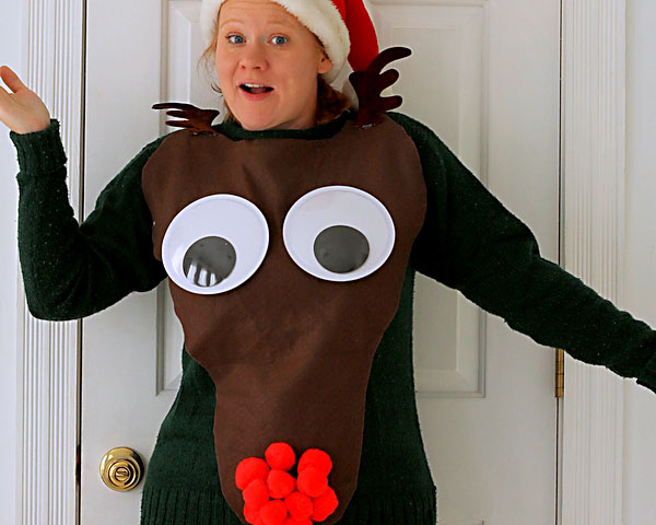 Ugly sweater with a giant Rudolf face - www.TheDatingDivas.com Giant Reindeer Face on an Ugly Christmas Sweater | The Dating Divas