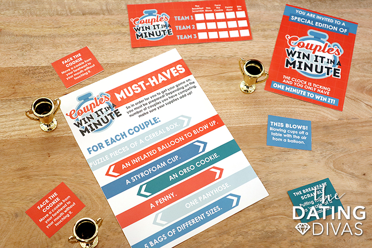 Page showing needed supplies for Minute to Win It Games - dateyourspouse.com Couples Minute to Win It Supplies and Printable Cards | The Dating Divas