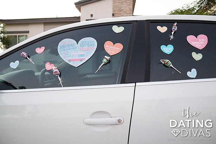 Decorated Car for a Birthday Scavenger Hunt - dateyourspouse.com Birthday scavenger hunt ideas out of the house to celebrate a birthday | The Dating Divas