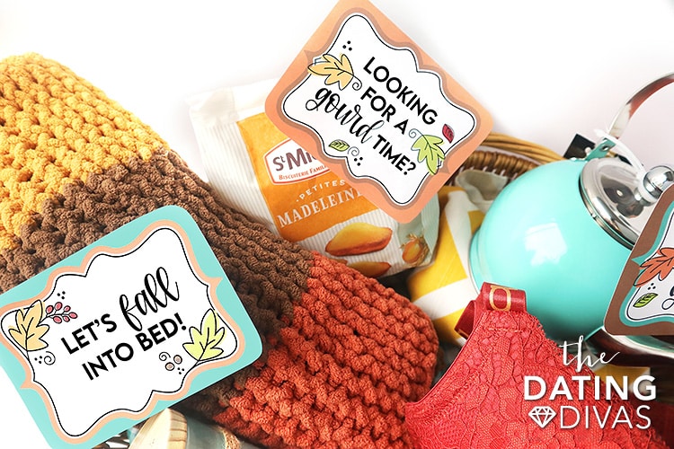 Check out this assembled pumpkin spice gift basket with themed treats and goodies inside. | The Dating Divas