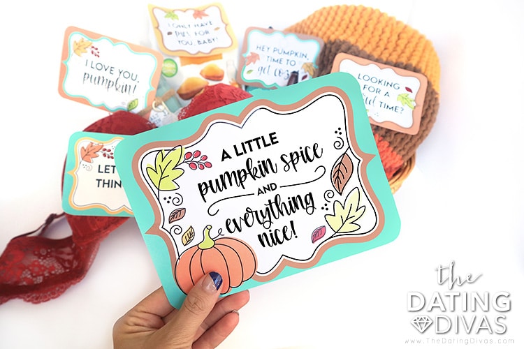This "pumpkin spice and everything nice" gift basket tag can also be used as a sweet card for your spouse. | The Dating Divas