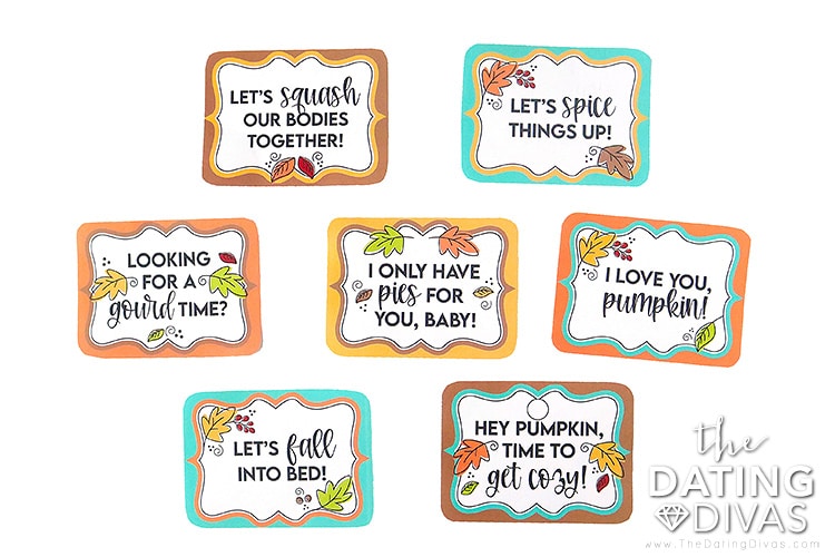 These cute tags complete the sweet and sexy pumpkin spice gift basket. | The Dating Divas