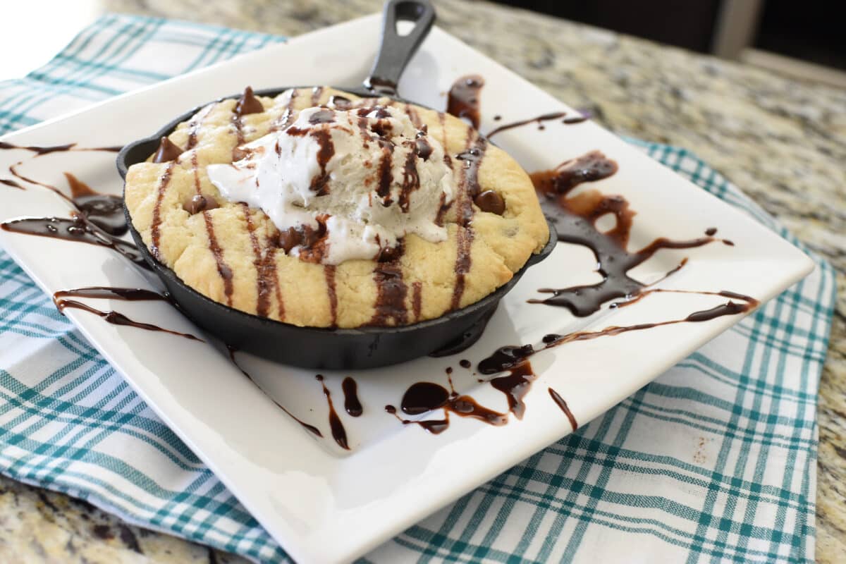 Homemade Pizookie with chocolate and ice cream toppings