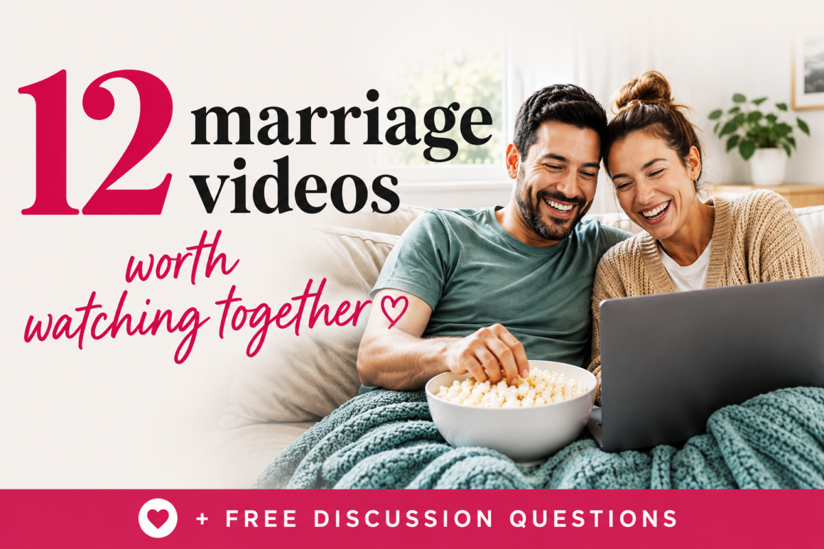 Married couple laughing together on the couch while watching marriage videos on a laptop, with text reading ‘12 Marriage Videos Worth Watching Together’ and free discussion questions.