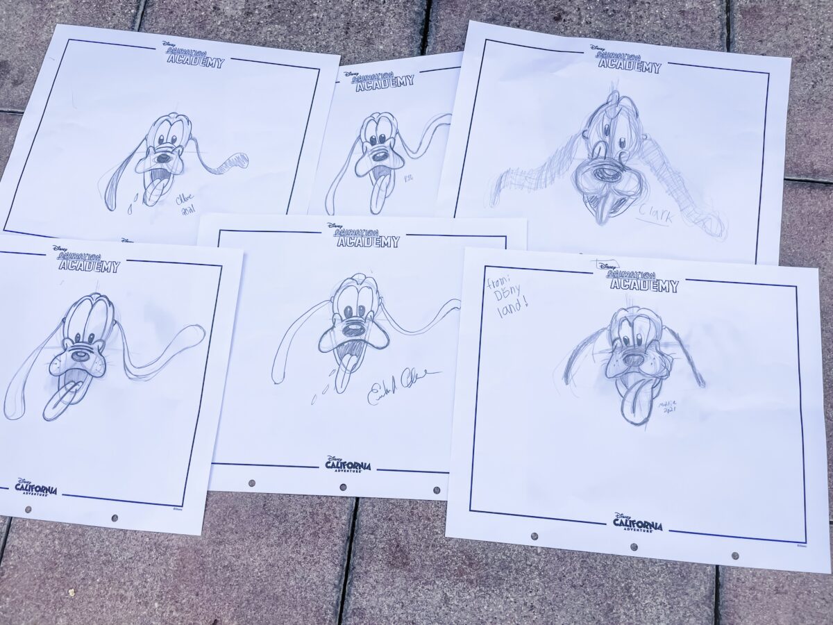 Six different drawings of Pluto by six different people at California Adventure's Animation Academy