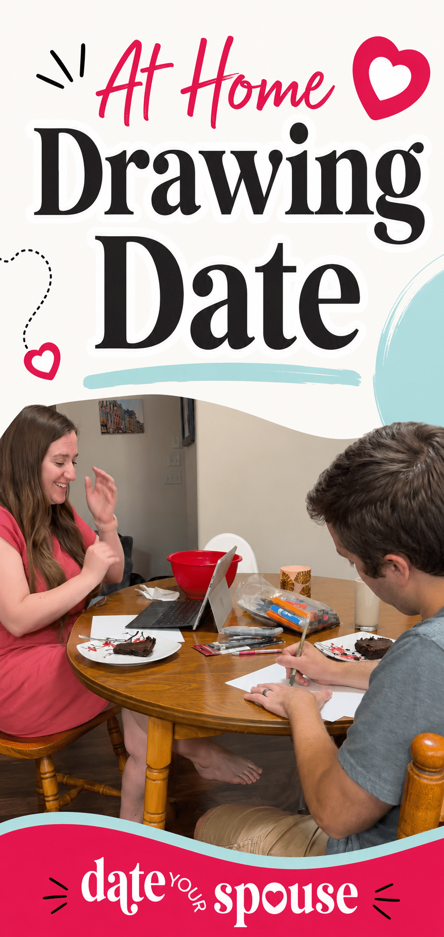 Couple sitting at the kitchen table with paper and pencils following a YouTube tutorial for a drawing date night
