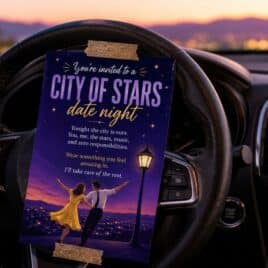 Invitation taped to a steering wheel for a City of Stars date night based on La La Land