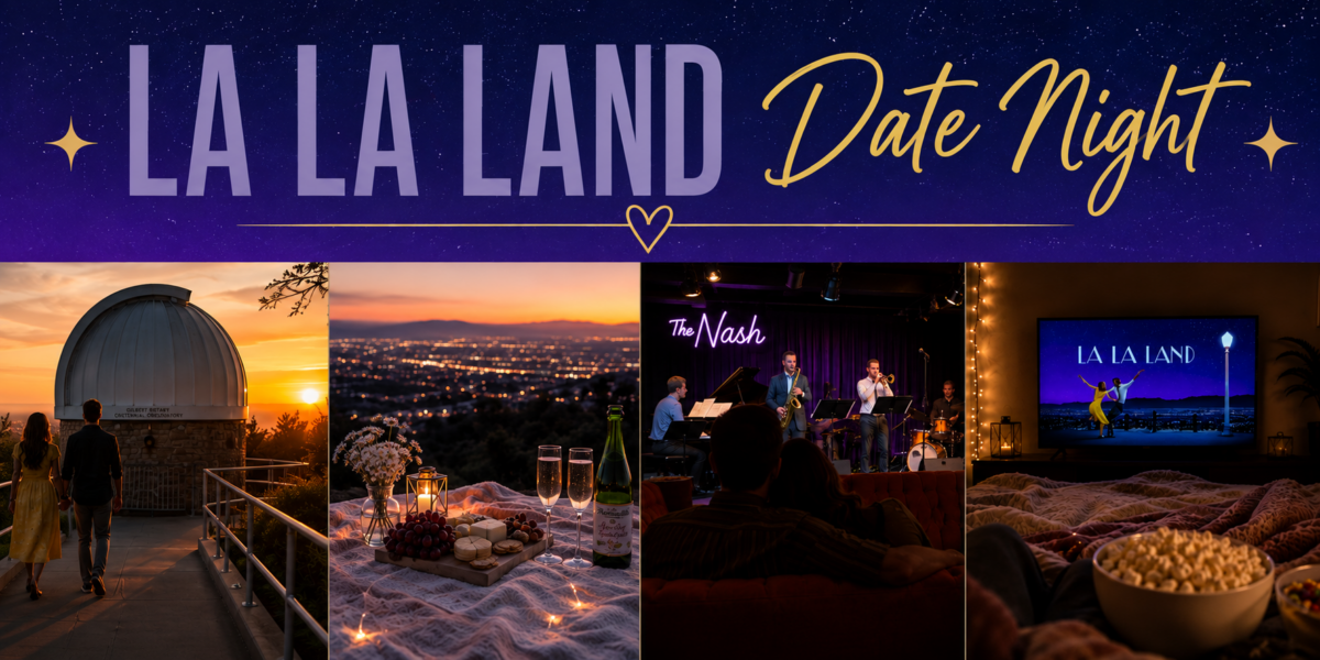 La La Land Date NIght for couples including star gazing, picnic with a view, jazz club, and watching the movie La La Land at home