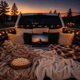 A truck bed full of pillows and blankets and a laptop with a movie for a drive-in date night