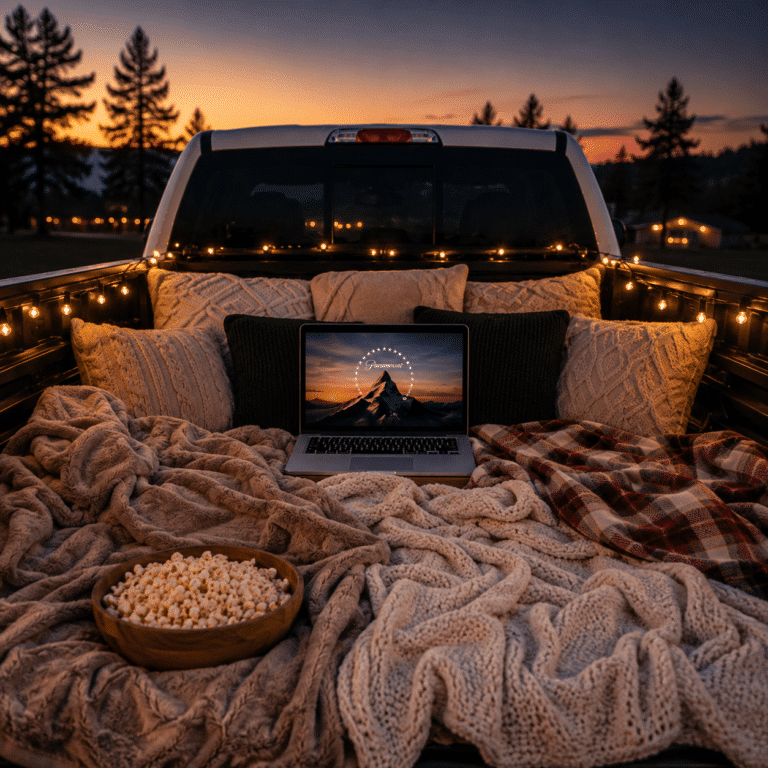 A truck bed full of pillows and blankets and a laptop with a movie for a drive-in date night