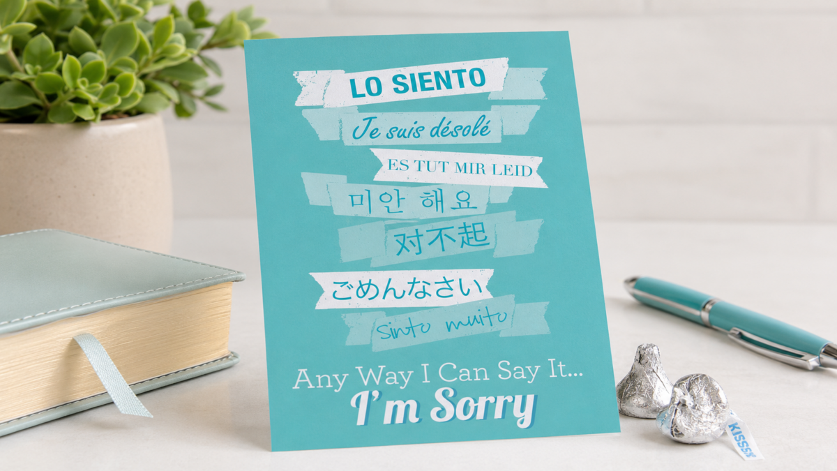 Printable apology card with ‘I’m Sorry’ written in multiple languages, including Spanish, French, German, Korean, Chinese, Japanese, and Italian.
