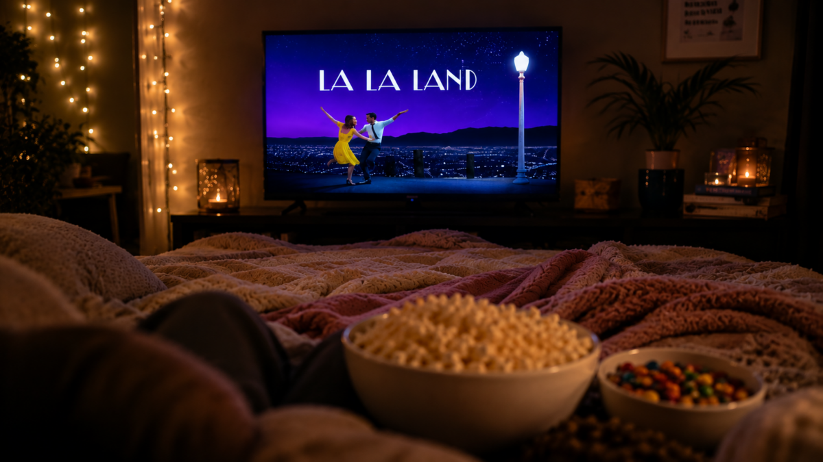 Couple watching La La Land at home to end their City of Stars date night