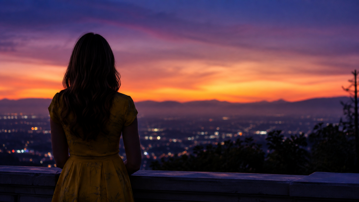 Woman in a yellow dress at a scenic overlook at dusk, inspired by Mia in La La Land