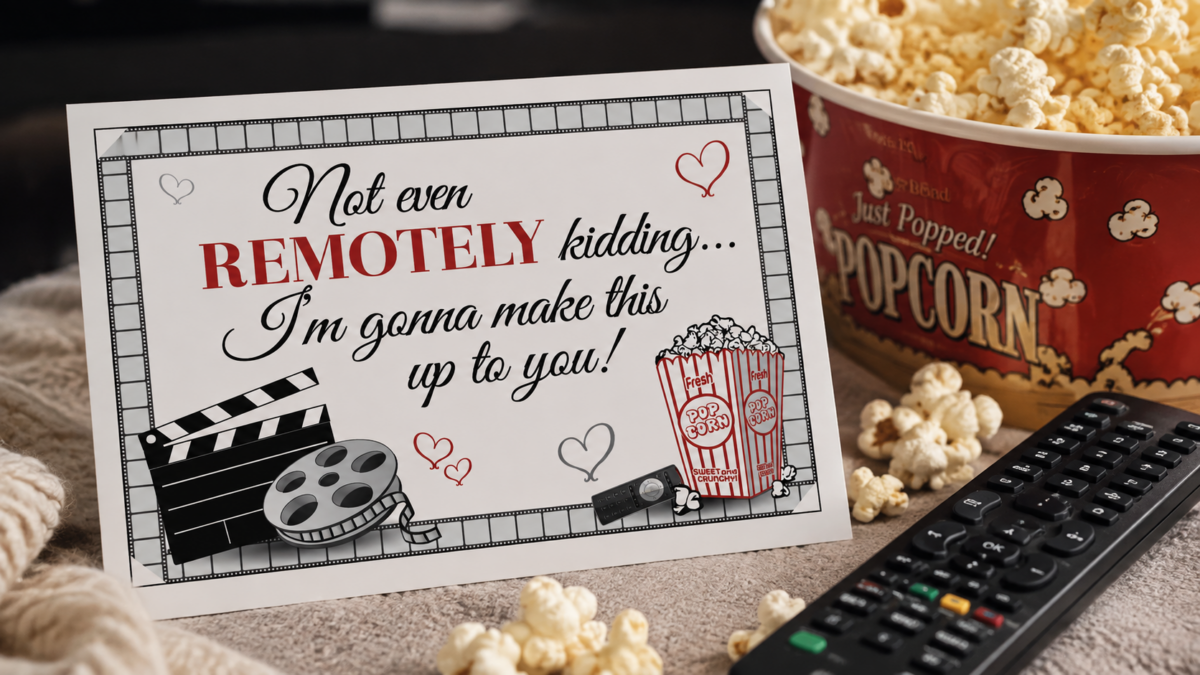 An apology note next to a remote control and popcorn that says "Not even REMOTELY kidding, I'm going to make this up to you."