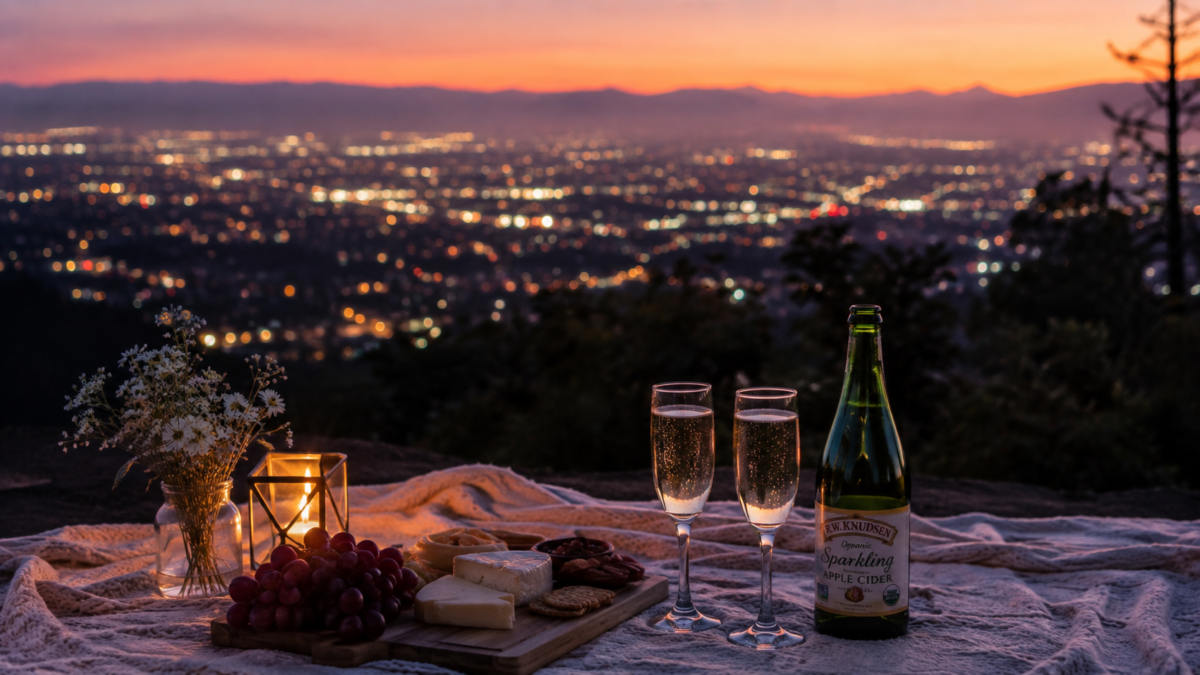 Simple picnic with sparkling cider at a scenic overlook for a romantic date night
