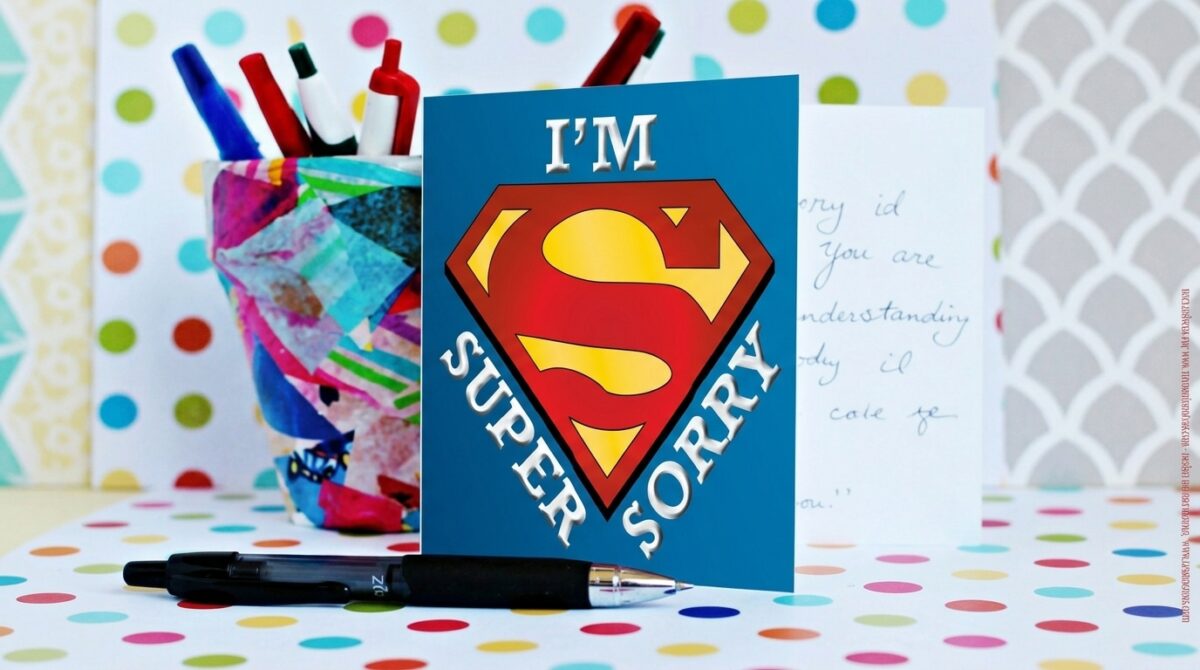 A free printable card with a superman logo that says "I'm Super Sorry"