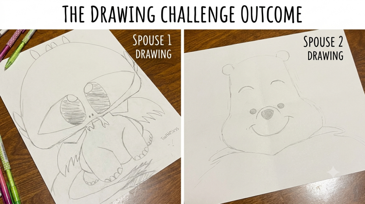 Two cartoon drawings side by side showing how differently each spouse's drawing date night sketch turned out