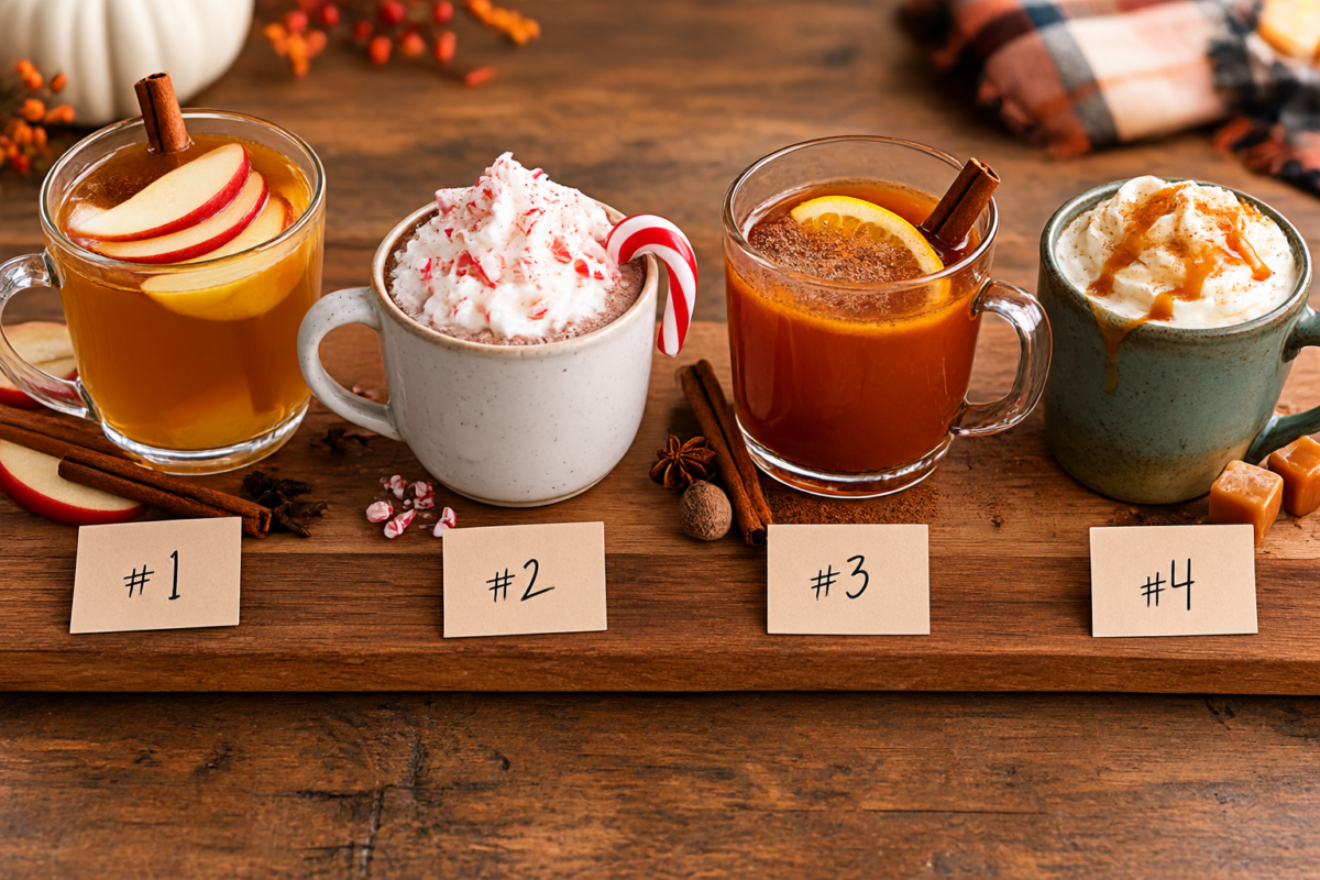 4 fall drinks in mugs lined up for a taste testing fall flight date night