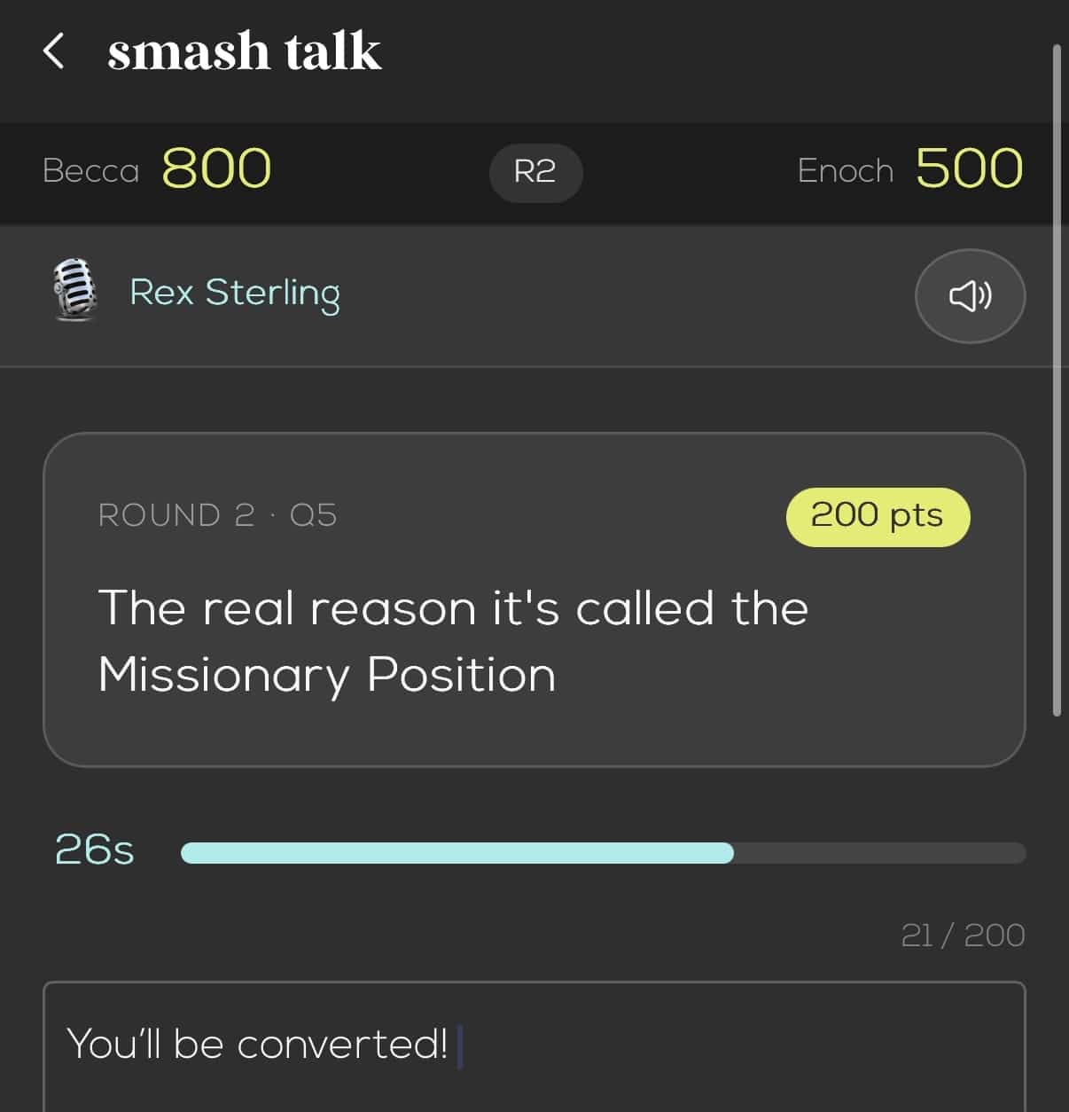 Funny Smash Talk prompt and answer in the Spark'd couples game
