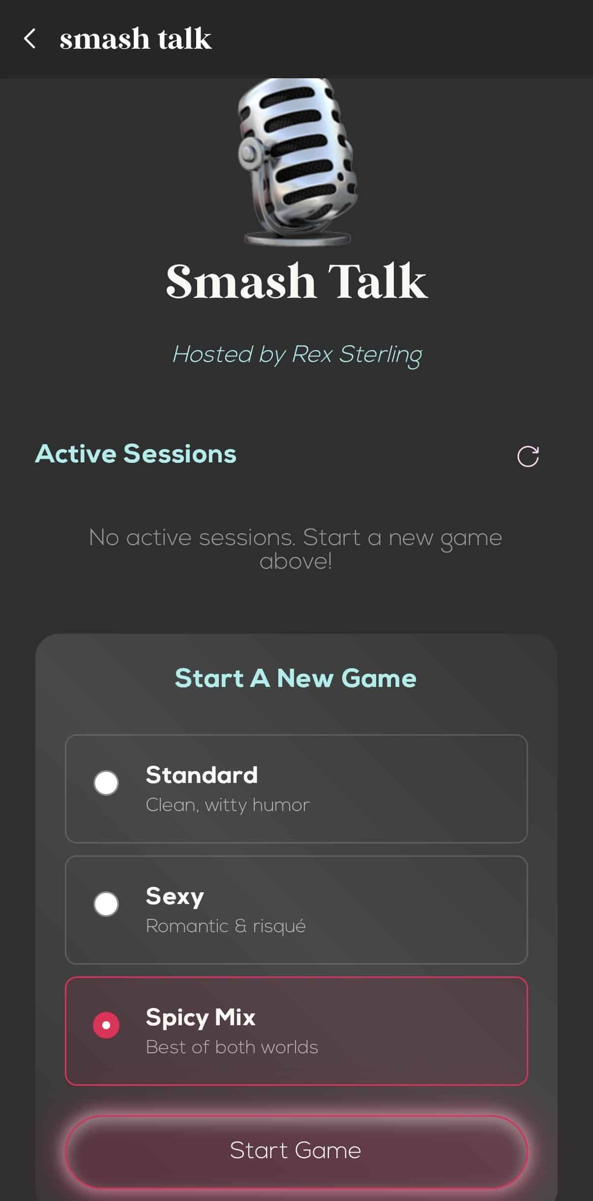 Smash Talk game options in the Spark'd app: Standard, Sexy, or Spicy Mix