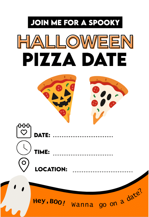 Free printable Halloween pizza date night invitation to text or give your spouse