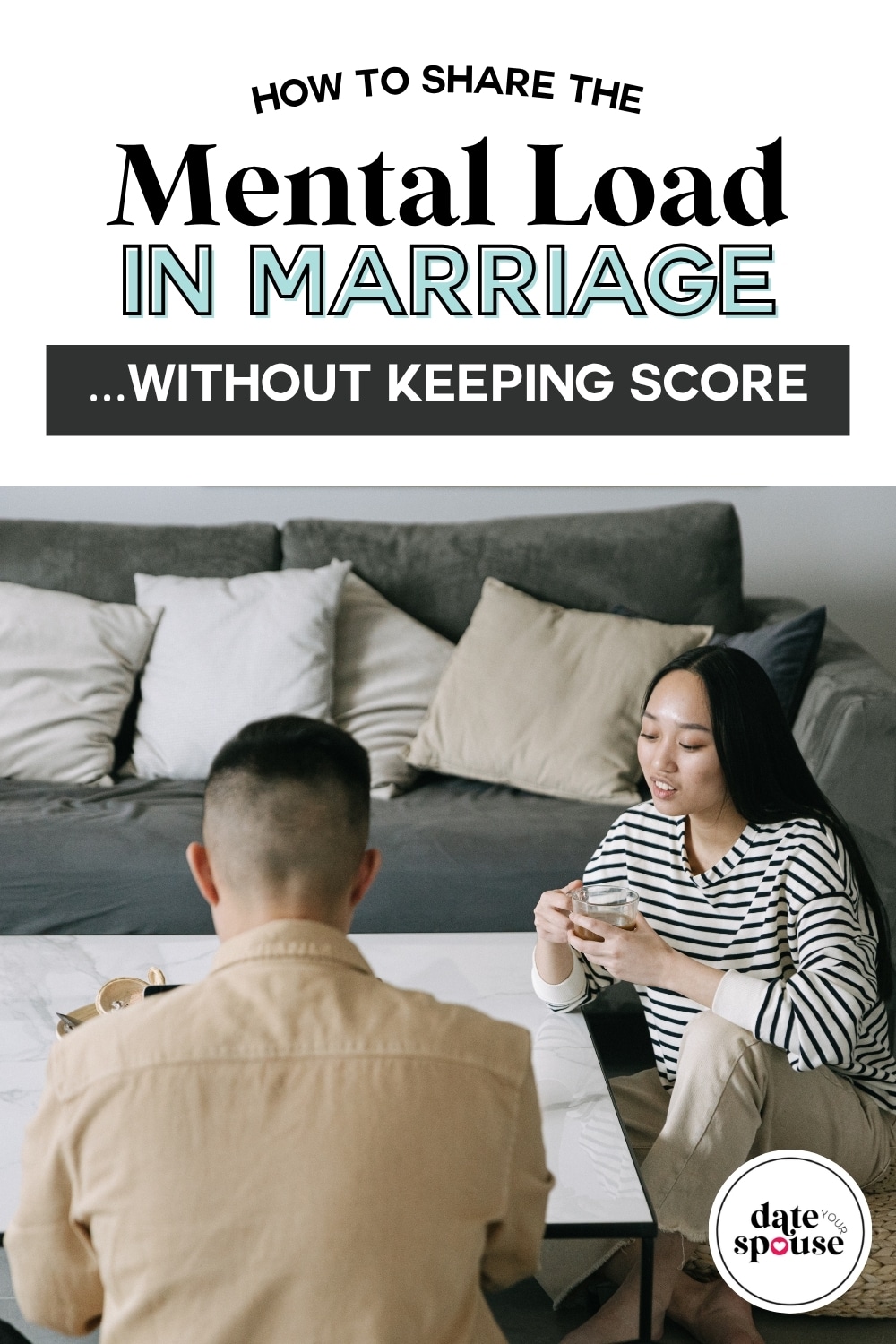 A couple talking through the mental load in marriage