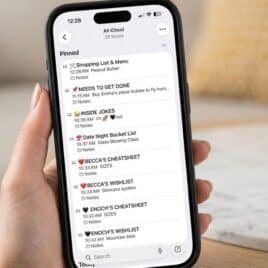 A hand holding a cell phone with 8 pinned shared notes lists for couples