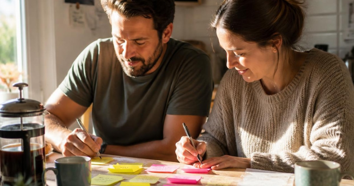 Husband and wife writing on sticky notes for a date night to share the mental load in marriage