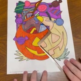 Couple’s split coloring page date night with two differently colored halves taped together